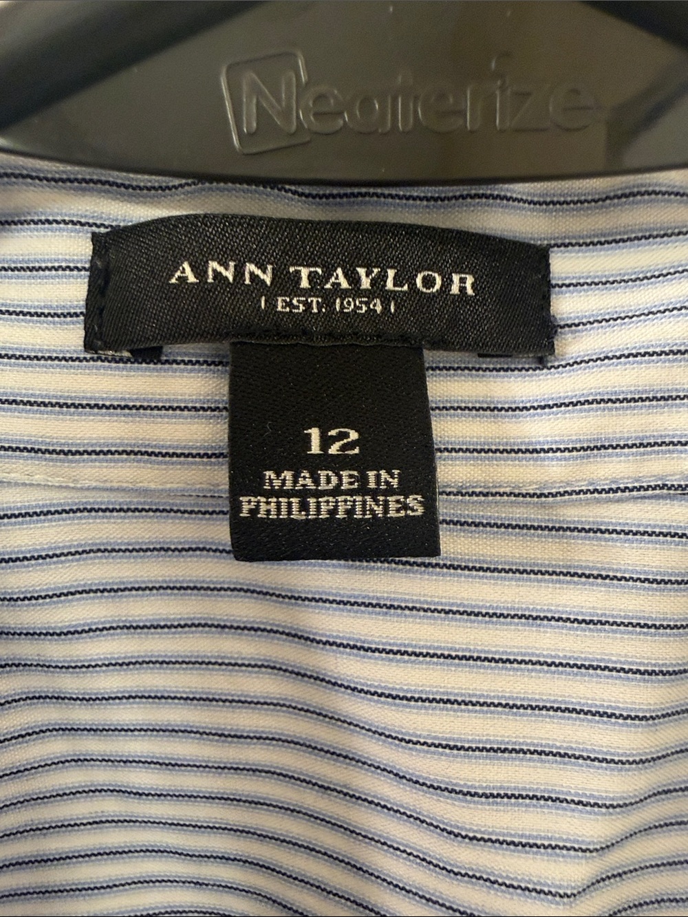 Ann Taylor Women's Light Blue and White Stripe Short-Sleeve Button-Down Shirt - Picture 2 of 4